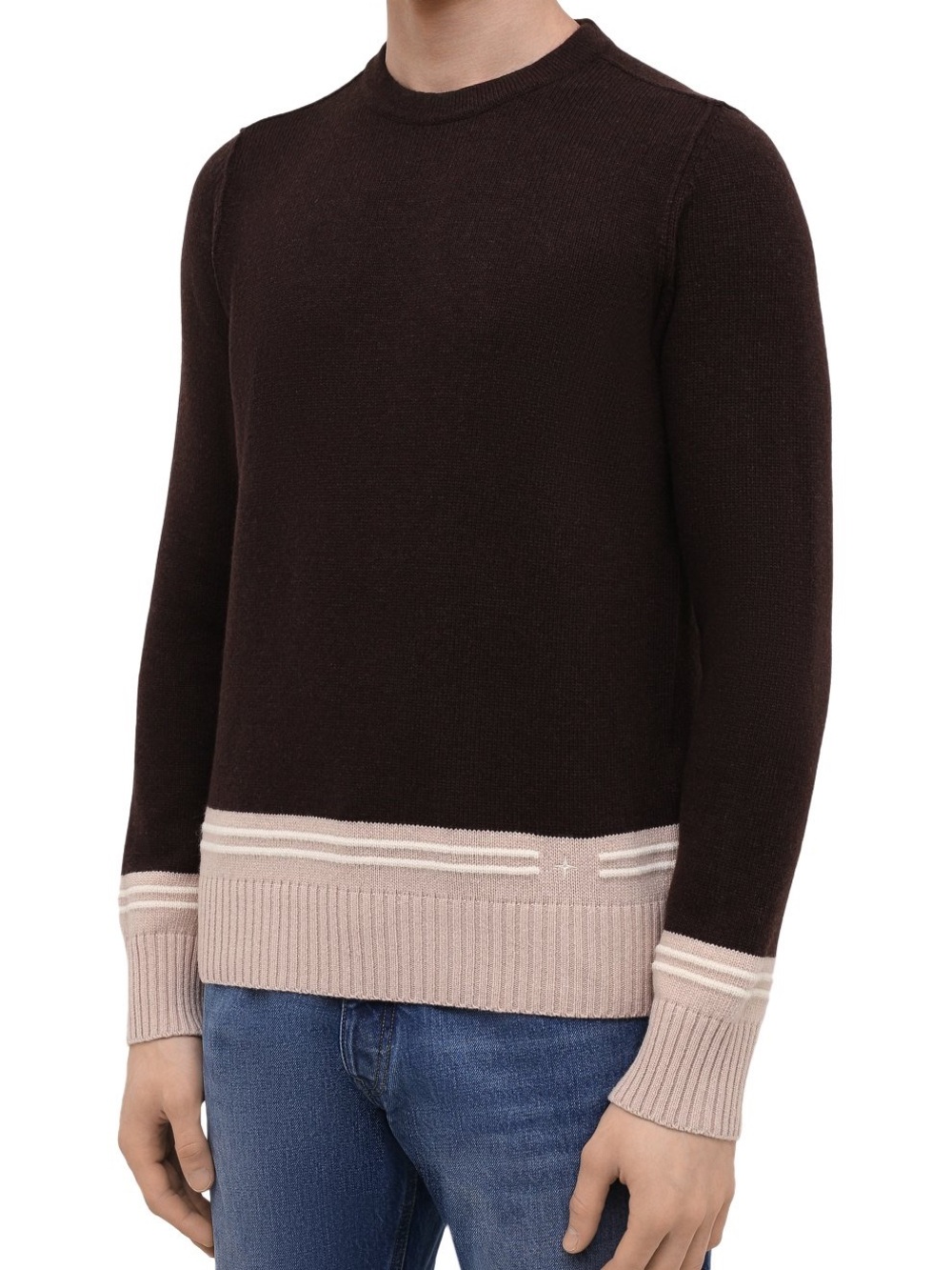 Stone Island Men's Dark Brown Crewneck with Cream Contrast Bands